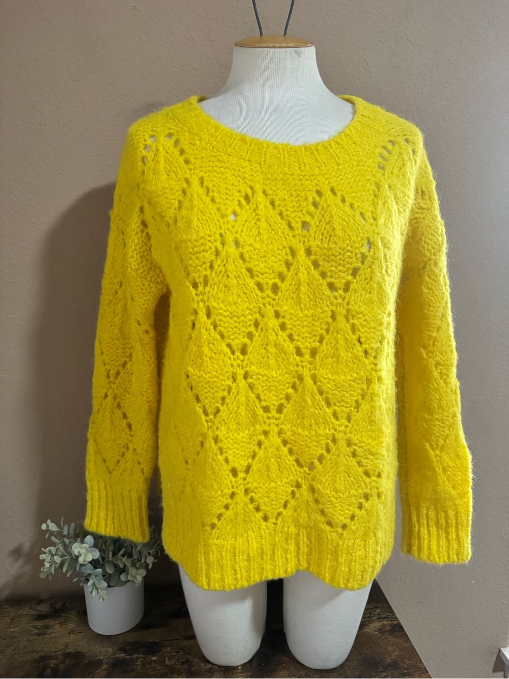 Anthropologie Bright Yellow Diamond Open-Knit Crewneck Sweater